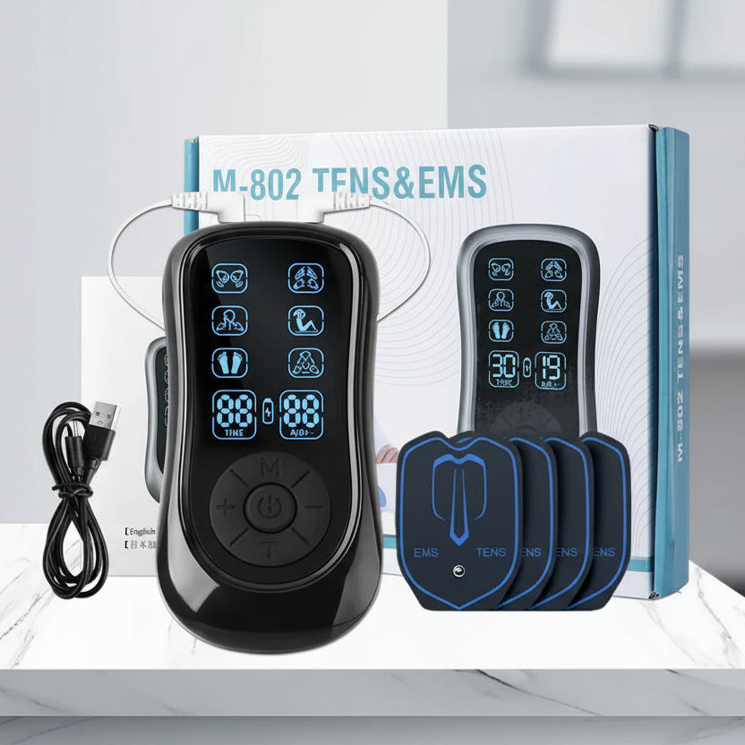 Relivo TENS & EMS device with control panel, pads, and cable on a white surface.