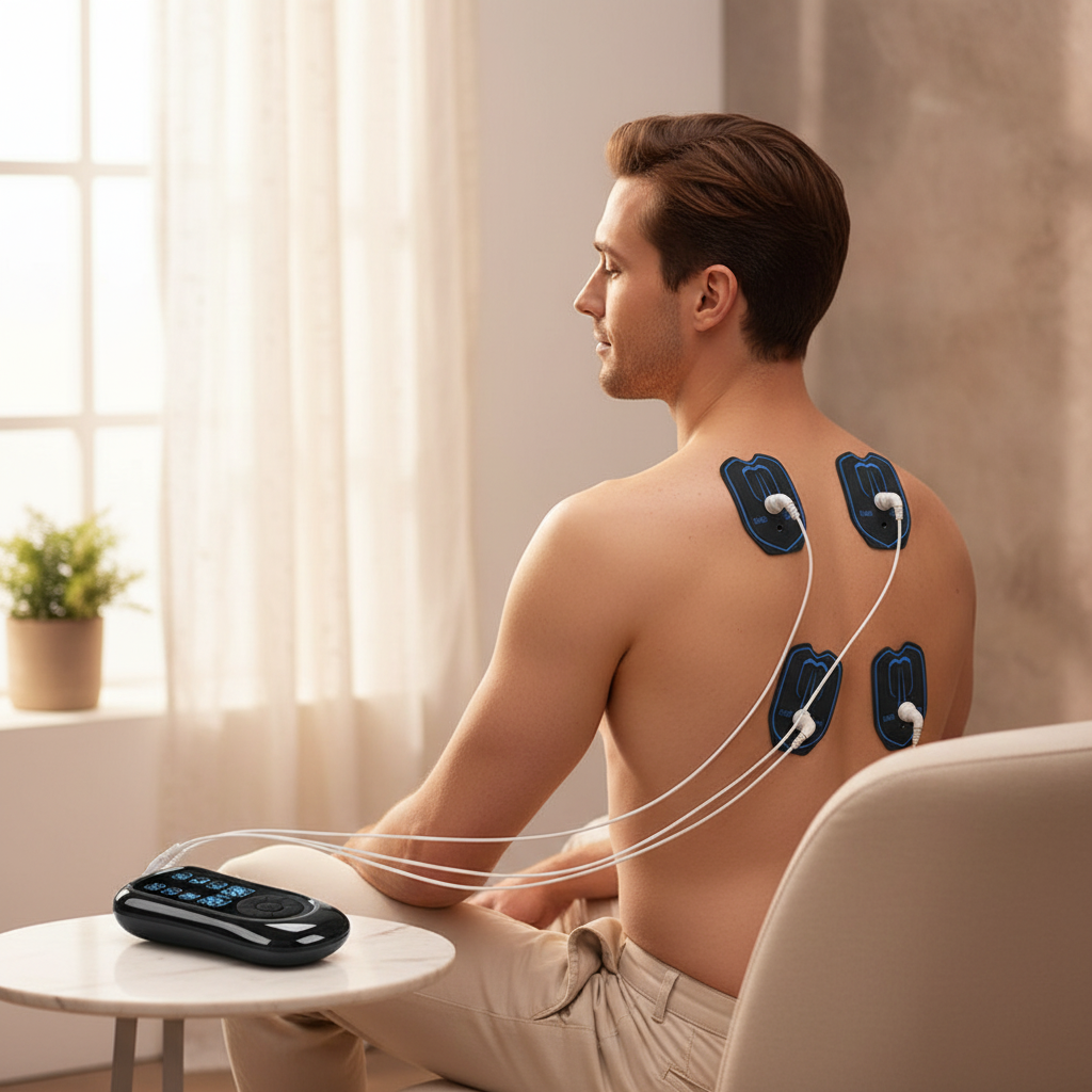 Man using massager on back with wires